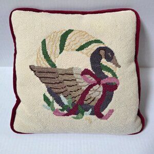 Vintage Handmade Needlepoint Pillow Christmas Goose Red Velvet Back 12.5" Square